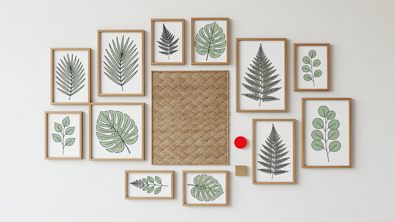 Flat botanical wall grouping with leaf drawings, timber frames, a woven textile and a small red accent