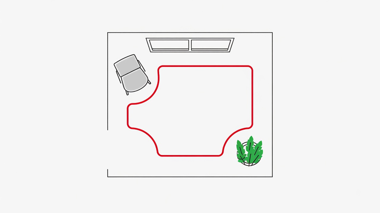 Flat vector lounge plan showing a window, reading chair, plant corner and a clear red circulation route