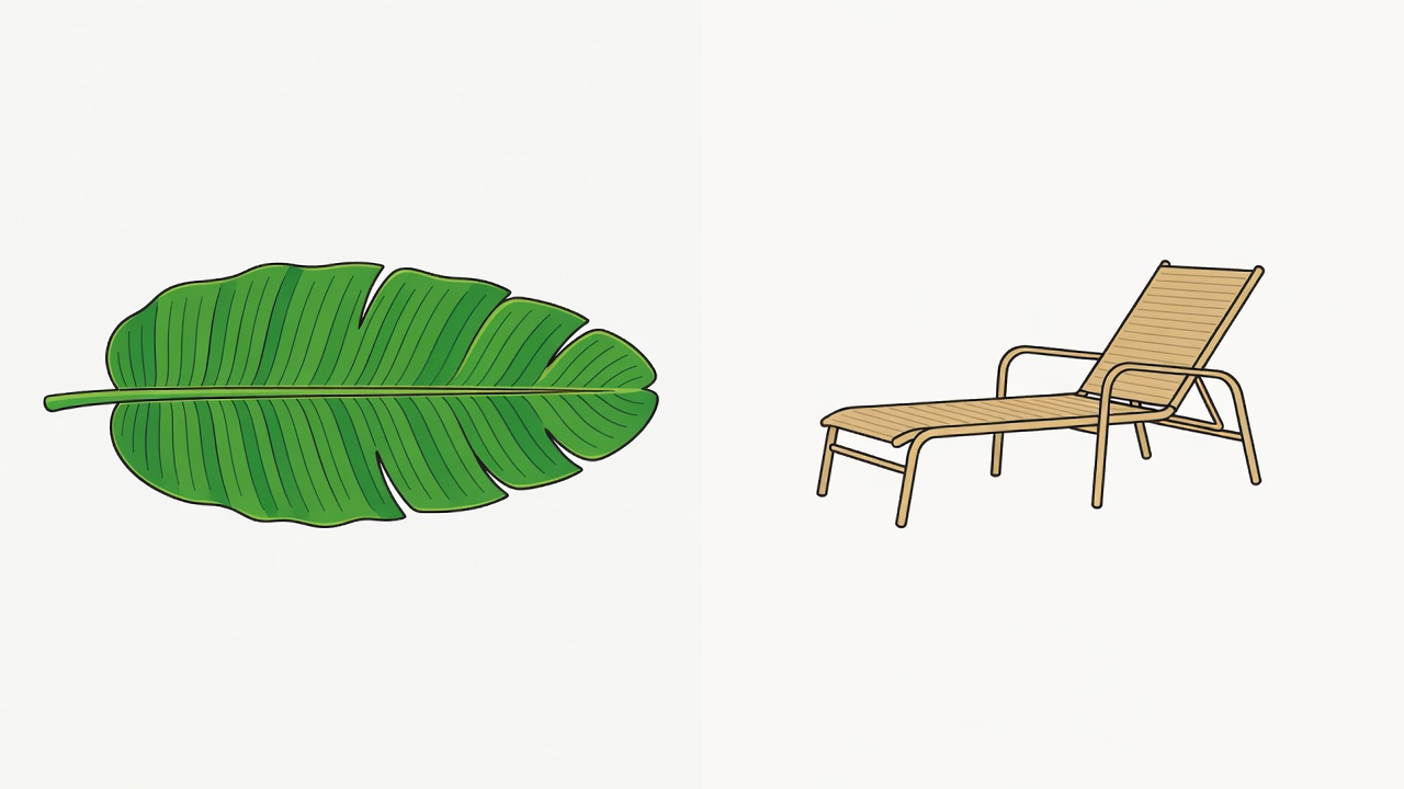 Flat illustration comparing a spreading tropical leaf with a lounge chair and clear walking space