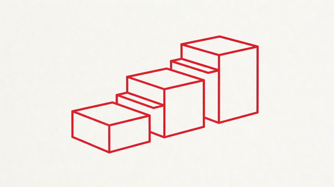 Paper, ink and red vector scene showing three plant stands with broad stable bases at different heights